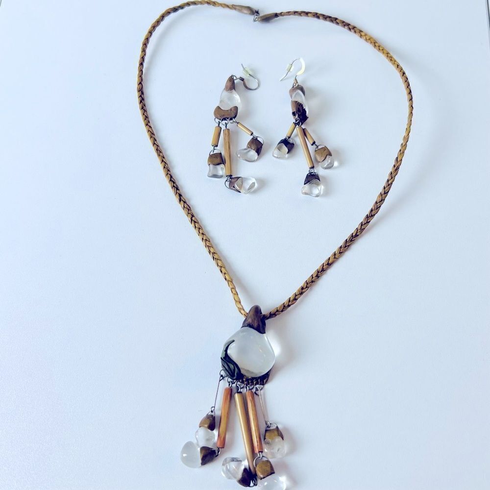 Necklace Earrings Jewelry Set White Brown Natural Stone